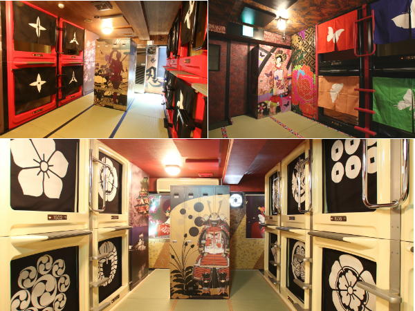 (写真左上)道場をイメージしたという忍者の部屋。暖簾には梵字が刷られている<BR />(写真右上)他の部屋とは異なり、鮮やかな色合が特徴の花魁の部屋。舞妓をイメージしている<BR />(写真下)「和カプ」第一弾の戦国。家紋が刷られた暖簾の中でも「宮本武蔵」の家紋が人気なのだそう