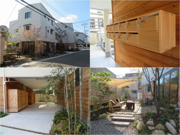 新築のkarakusa。入口には木でできたアウトドアグッズなどを収納するボックス、メールボックスがあり、自然な雰囲気。1階にあるカフェには庭が隣接しており、天気の良い日には外で食事を楽しむこともできる