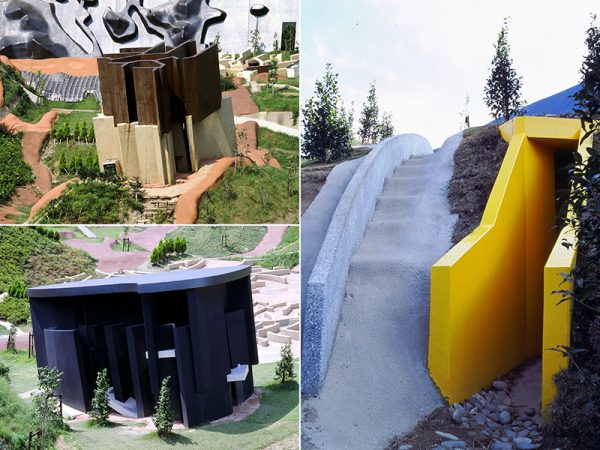 写真左上:「陥入膜の径」。いくつもの傾いた壁で仕切られた細い通路にはガスレンジ、テーブルセットなどがおかれていて、家の中を想像させるつくりになっているようだ。左下:「もののあわれ変容器」。傾いたベッドがいくつも配置され、微妙な傾きによって自分の体重のかけ方がわからなくなってしまう。写真右:「地霊」。黄色い細い入口を入ると真っ暗。何度も行き止まりになりながらもうっすらと差し込む光の元を探っていくと、天井に日本地図をくり抜いた明かりとりが現れる。写真提供:養老天命反転地