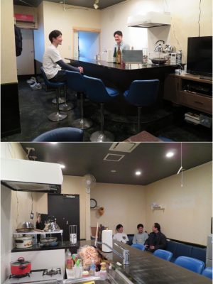 スナックの内装そのままのリビングスペース。カラオケなどをやっていたこともあり、隣に音が聞こえないような仕様になっているとも