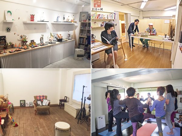 (写真左上)博多人形の絵付け体験もできる「田中勇気博多人形工房」。(写真右上)引力の間<BR />
(写真左下)写真スタジオ「テトラグラフ写真室」、(写真右下)「Laule’a ヨガ&ピラティス スタジオ」<BR />
(画像提供:株式会社スペースRデザイン)