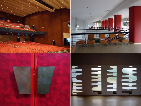 柔らかな雰囲気のホール、明るいホワイエ、ピアノの鍵盤を模した窓。質感豊かなディテールも、今は閉ざされて見ることができない(撮影:笠原一人)