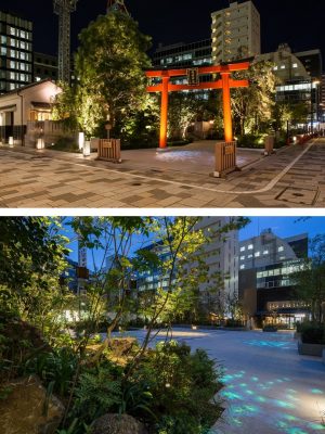 「福徳神社」「福徳の森」の照明計画は、金閣寺や平等院鳳凰堂を手掛けた内原智史(さとし) 氏が監修。神社と森とを一体的に暖かく美しい光で象徴的に包む。季節感も大切にされており、春の桜、秋のもみじなど季節を象徴する植栽には、移動可能な照明装置でライトアップが施されている