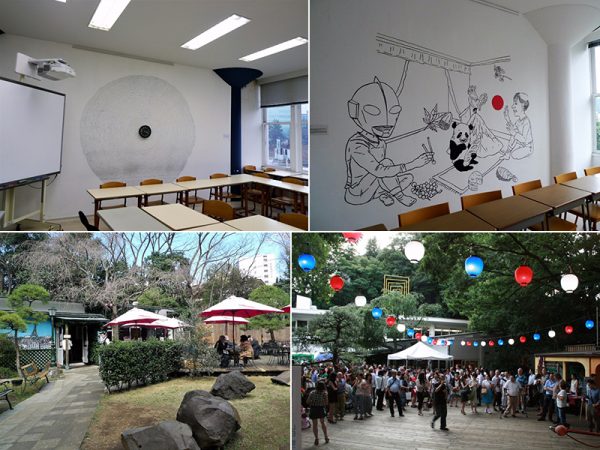 上左)創立60周年の記念プロジェクトで教室の壁に描かれたアート。写真はジャン=リュック・ヴィルム―トのオブジェ作品。木製の掛け時計と、それを取り囲むのは8Bの黒鉛筆で描かれた直径2.4mの同心円</BR>上右)同じく創立60周年記念の際に描かれた教室アートで、イザベル・ボワノが墨とアクリルで描いた壁画。</BR>フランスと日本の出会いを描いたという</BR>下左)中庭には、フレンチレストラン「ラ・ブラスリー」がある。</BR>ワイン・セミナーなど、フランスの食文化を紹介するイベントも開催されている</BR>下右)毎年夏に開催される「パリ祭」(写真)や春に開催の「フランコフォニーのお祭り」には、大勢の人たちでにぎわう</BR>(写真提供:アンスティチュ・フランセ東京)