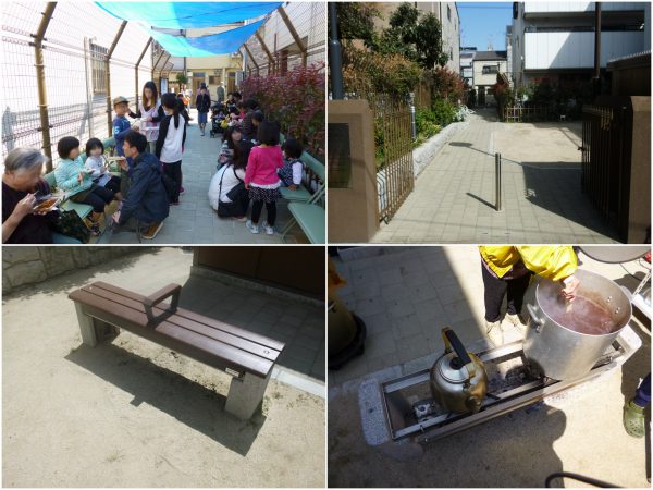左上:雨天でも応急活動ができるように、フェンスにシートが設置できるよう工夫。イベント時は日除けとして活躍する <br>右上:緊急時の車両乗入れも可能な入口 左下:日ごろはベンチとして使える「かまどベンチ」 <br>右下:ベンチの座面を外せば、かまどに変身。イベントでは、お雑煮やイカ焼きなどが好評