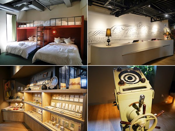 (左上)ロフト型の木製ベッドにダブルベットを組み合わせ、6人まで宿泊可能なエコノミーグループの客室<br>(右上)フロント・ロビーには函館出身のアーティストのグラフィックアートが<br>(左下)陶器などの工芸品や雑貨など、ローカルを感じることができるお土産物を買うことができる<br>(右下)建物に残されていた舟の舵輪がロビーで見られる