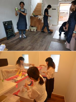 写真上:オープン前に行われた黒板ボード制作の様子。現在は、入居者がイベントの日程や買い出しリストを書き込んで活用している。<br>下:共有部分である洗面台にタイルを張ってリメイク。デザインも入居者全員で考えて2日かかりで完成させたという