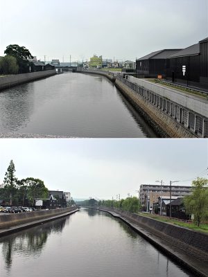 市の景観計画で設定された半田運河の景観形成重点地区にある3つの橋のうち、中央の源兵衛橋(げんべえはし)から見た南側(写真下)と北側(写真上)の風景。黒壁の蔵は、昔は木の板の表面を焼いて炭の状態にし、近隣で火事が起きた時には壁に水をかけて火の粉が飛んできてももらい火をしないようにという工夫があったとされる。2015年に誕生したMIZKAN MUSEUMは、その昔ながらの黒壁の景観を継承した