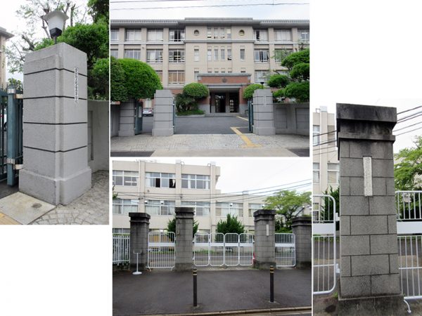 愛知県立旭丘高校の門柱(上2枚)は1938年造。1959年、2001年の改修で、門の拡幅や照明の撤去が行なわれた。愛知県立瑞陵高校の旧正門(下2枚)は1924年造。今は通用門として使われている。1931年の卒業アルバムで竣工当時の形状が確認できた