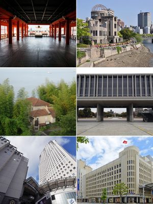 上左/人気ランキング1位の嚴島神社。1241年再建、本社本殿は1571年竣工 上右/原爆ドーム(旧広島県産業奨励館)。設計:ヤン・レツル設計、竣工:1915年 中左/阿多田島灯台資料館。設計:逓信省航路標識管理所、竣工:1903年 中右/広島平和記念資料館(本館)。設計:丹下健三計画研究室、竣工:1955年 下左/NTTクレド基町ビル。設計:NTTクレドほか、竣工:1994年 下右/福屋八丁堀本店。設計:渡辺仁建築事務所、竣工:1938年