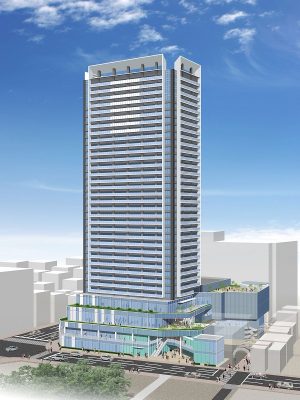 高島屋南地区第一種市街地再開発事業の完成予想図。1・2階の商業施設はアーケードに面しており、商店街に溶け込むような設計に。さらに敷地の一部を円形状の広場とすることで多くの来訪者への活用も計画されている