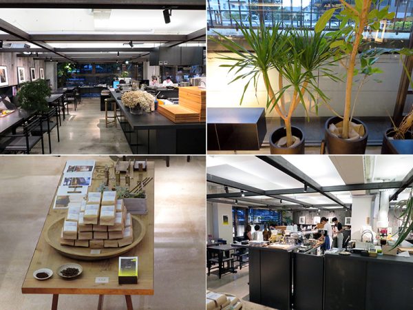 <左上>それぞれの空間を区切ることはせず、見渡せる空間に。<右上>広島の店がセレクトしているという植物。</br><左下>自分たちがいいと思ったものをショールーム的に展示、販売もしている。</br>
<右下>「鉄は冷たいように見えて非常に温かみのある素材」(谷尻氏)。テーブル、椅子など、あらゆるものに鉄が使われている