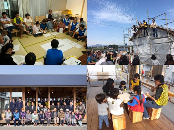 KASEIの活動の様子。(上左)「みんなの家」設計にあたっての意見交換会(上右)「みんなの家」上棟式(下左)「みんなの家」完成式(下右)家具ワークショップ。上棟式以降の写真では、黄色いビブスを着用しているのがKASEIのメンバー
