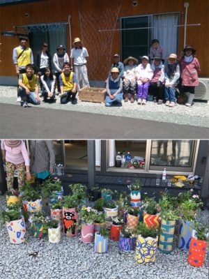 (上)暑さ対策のため、ゴーヤのグリーンカーテンを設置(下)植木鉢カラーペイントワークショップで出来上がった作品