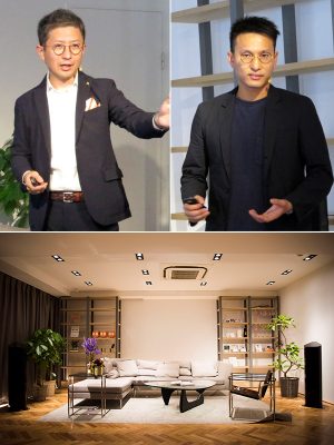 <左上>「業界に風穴を開ける」という代表の小村氏</br><右上>オフィスデザインを担当した武部氏</br><下>ボーダレスな空間を実現したフロア(提供:株式会社クラスコ)