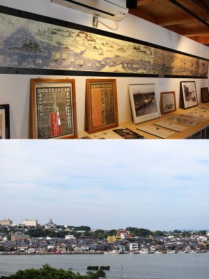 上/三國湊の海運と文学をテーマにした資料館「マチノクラ」の館内の様子。上は北前船の寄港地として栄えていたころの図 下/現在の三国町。小高い丘にある洋館は明治時代の「龍翔小学校」の外観を模して復元した博物館