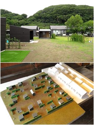 上/校庭を「小屋付き農園スペース」として活用するプランが高い評価を受け、シラハマ校舎の誕生につながった。今後校庭には全21棟の「小屋」が建つ予定。小屋のまわりには区画を分ける2.5mと1.2mの生垣を設置。小屋はそれぞれ向きを変えて配置し、プライバシーが保てるように配慮されている 下/シラハマ校舎の建築模型。中央の小屋にトイレと浴室がつくられる予定