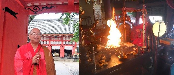 (左)愛染堂(勝鬘院)の住職・山岡武明さん。(右)朝のお勤め風景