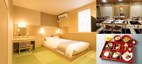 (左)客室(シングル)。(右上)写経・写仏体験が行われる大広間 (右下)和空オリジナルの精進料理.
1泊朝食付き9500円~、1泊2食付き体験込み1万6500円~(サ込・税別)