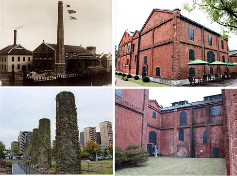 左上の写真は、創業時の赤レンガの工場(写真提供:ノリタケの森)。右上と右下の写真は、現在の赤レンガ建築。左下は煙突のモニュメント