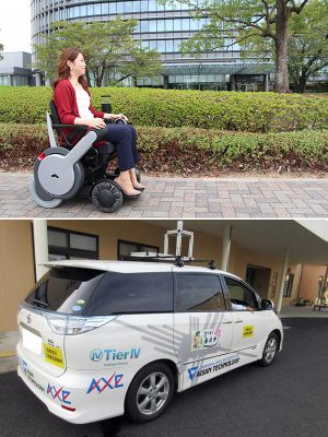 2017年9月にトヨタ自動車と締結した覚書により、歩行支援モビリティの走行実験(写真上)や、自動運転実証実験(写真下)を開始。ニュータウンの初期入居者が一斉に高齢化を迎えるという課題に対する取り組みのひとつだ。写真提供/春日井市