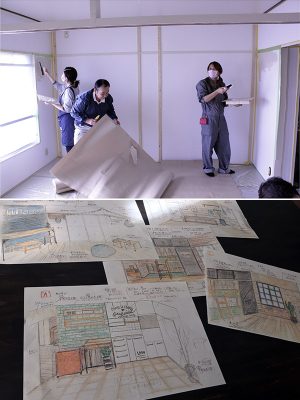 写真上:男女合計11人が参加。chikoさんは主に木工の作業をレクチャー。あとは職人さんに教えてもらいながらの作業に<br>下:chikoさんお得意のアメリカンテイストを基調にしたデザイン図。写真提供/春日井市