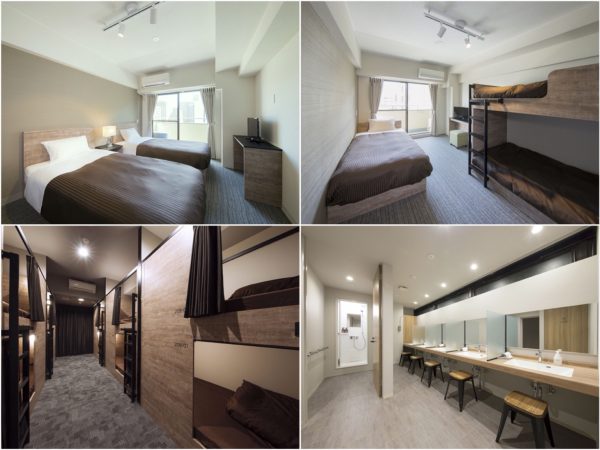 各種部屋写真。ツイン(左上)、トリプル(右上)、ドミトリー(左下)、シャワー・洗面ブース(右下)その他にも、和室や4人部屋、ファミリータイプなど、様々な部屋タイプを比較的リーズナブルな価格で用意したそう。(写真:インテリックス)