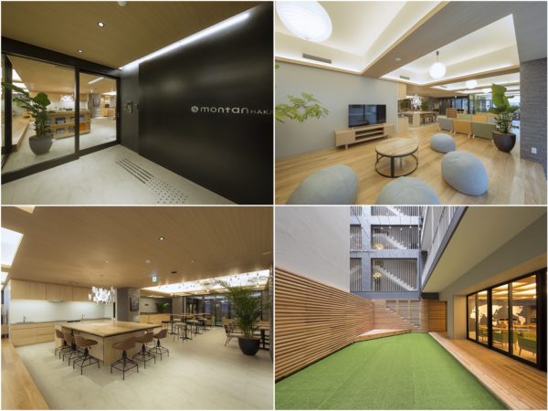 エントランス(左上)、縁側をイメージした共用リビング(右上)とオープンキッチン併設の共用ダイニング(左下)、中庭(右下)1階のこれらのスペースは、入居者も旅行客も地域の人も自由に利用できるそう(写真:インテリックス)