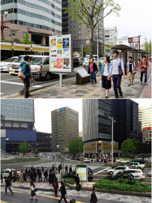 上が鹿児島市、下が名古屋市のスマートパネル。紙の掲示板よりすっきりキレイだし、多機能