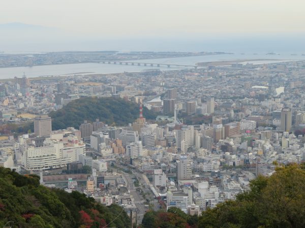 眉山山頂から見た市内中心部。奥を流れる広大な河川が吉野川。真ん中にあるこんもりとした緑が徳島城跡。その手前に橋が見えるが、これが新町川。城をぐるりと囲むように川が流れている