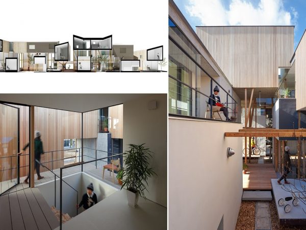 アジアの集落研究から「軒下」を発想。「夏をむねとし、日差しを遮る半屋外と風通しを重視して設計しました」。共用部分は、陽光の差す木のテラス、涼しいコンクリートの中庭など季節ごとに心地よい場所をつくり、専有性をあいまいにしたのもポイント(左上パース:Eureka、左下&右写真:大倉英揮)