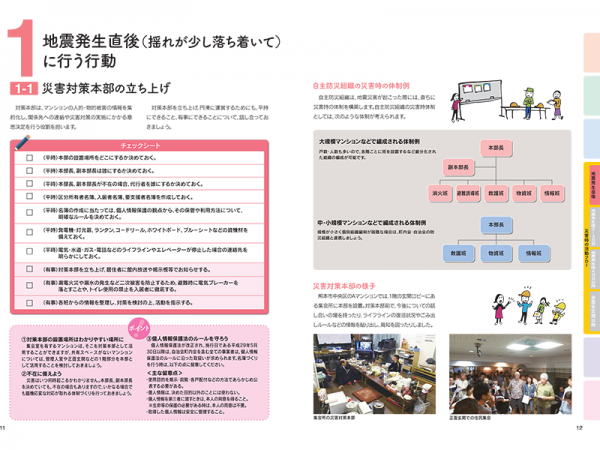 「マンション防災・減災マニュアル」の中面。チェックシートやポイント、実例などが掲載されており、わかりやすい
