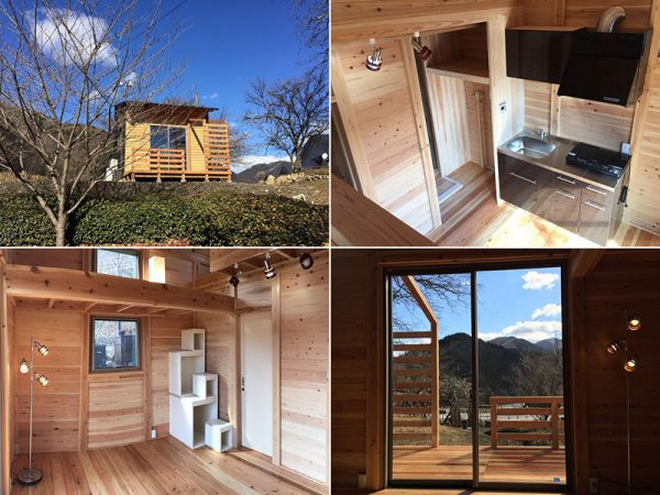 和田さんが設計したタイニーハウスも村内に建てられている。村の資源である杉を使用。建物は3.6m×3.6mの四角形、室内は8畳とコンパクトな建物のなかに、断熱、二重サッシュ、キッチン、ロフトなど、小さくても快適に住める工夫が詰まっている。東側に造られたデッキと大開口部からは、雄大な山々を見渡すことができる