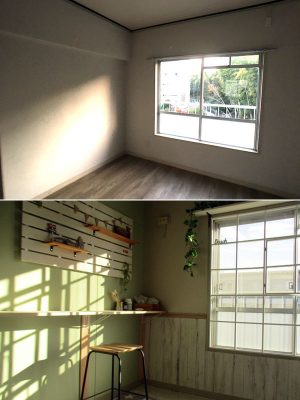 上/DIY前の部屋 下/DIY後の部屋。壁にスノコを取り付けて棚を設置。腰壁風のクロスや飾り用の窓枠も付けてお洒落な印象に(画像提供:大阪府住宅供給公社)