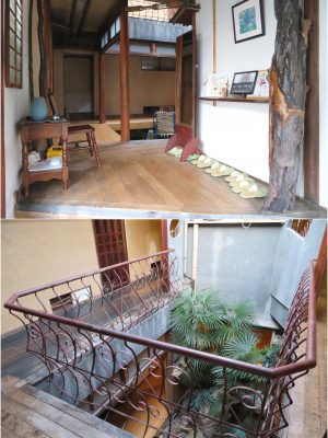 玄関を入ると目の前にロの字型の廊下に囲まれた池が。それを上から見下ろしたところ