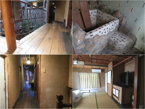 傾いて色落ちしている廊下や使われていない風呂、戦後すぐに建てられた部分の、剥げかけた壁など経年変化を感じる箇所多数