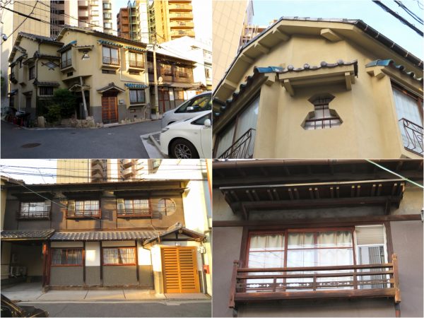 左手の黄色っぽい外壁部分が1960年(昭和35)年築、その奥が戦後すぐ、さらに奥のビルは最初にあった旅館を建て直したもの。窓回りその他のデザインが目をひく