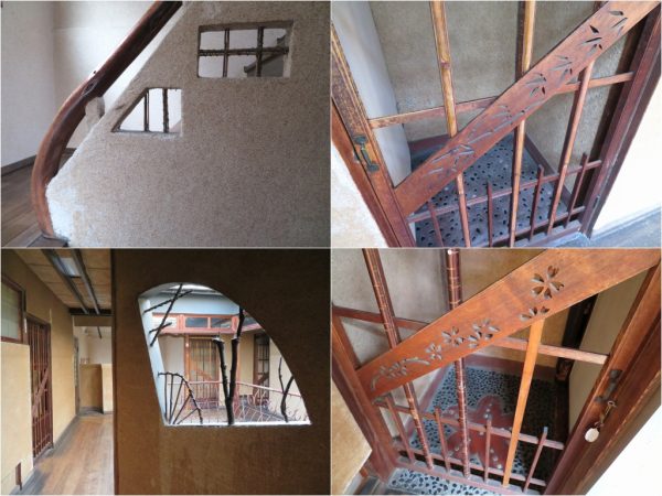 階段の手すり、窓、扉、様々な意匠が凝らされているが、微妙に統一されていないところも