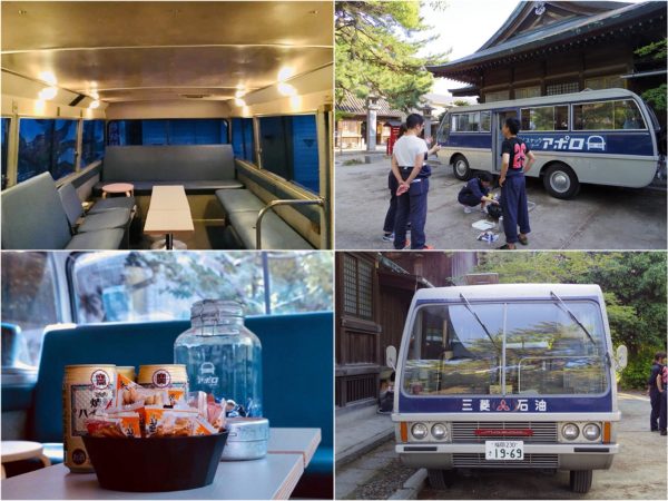 【左】アポロ号車内の様子。ハイボールとソフトドリンクが80分飲み放題だ(写真:アポロ計画実行委員会)
【右】鳥飼八幡宮境内に停車中の様子。実行委員会のメンバーは宇宙服を模したおそろいのつなぎを着用。また、ナンバープレートはアポロ号が月面着陸を成功させた1969年に合わせたという徹底ぶり(写真:山口)