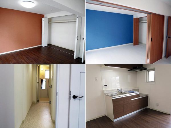 左上)1LDKタイプの床はフローリング。LDKの壁の一部にはアクセントカラーのレンガ色のクロス貼り<br>
右上)2DKタイプはオフホワイトのクッションフロア仕上げ。可動式の引き戸で1LDKとして使うこともできる<br>
左下)ダイニングからサニタリーエリアを見る。壁もドアも床もホワイトで統一<br>
右下)キッチン。小窓からの採光も良い