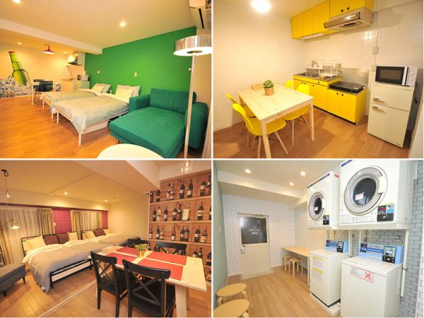 家のようなダイニングスペースも。1階にはコインランドリーも併設し、長期滞在しやすい環境