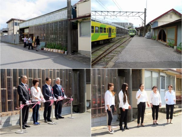 左上から時計周りに。通りかかる人が不思議そうに覗きこんでいく外観。駅内から見るとこんな感じ。色鮮やかな車両は西武鉄道から譲り受けたものを塗装して使っているそうだ。下2点はオープニング時の状況。ママさんたちがアカペラで歌い、テープカットには流山市の井崎義治市長も駆け付けた