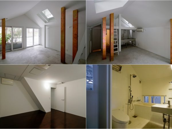 こちらは1階、かつてオーナーが使用していた部屋。左上から順にキッチンから玄関を見たところ。玄関からキッチン、キッチンの奥にある水回り、奥には地下室も