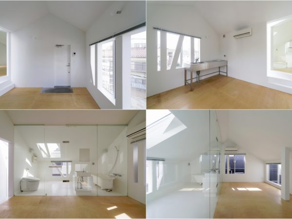 2階、Cタイプ。左上から順に玄関側を見るダイニング。左にベッドルーム、水回りへの階段がある。キッチンはシンプルなもの。水回り、寝室の広さはほぼイーブン。そしてほれぼれする水回り