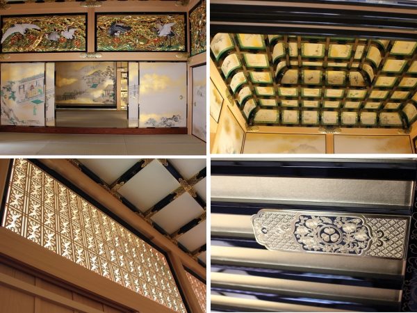 <写真左上>上洛殿<写真右上>上洛殿で家光の御座所となった上段の間の天井</BR><写真左下>上洛殿の廊下に施された花狭間格子欄間<写真右下>尾張徳川家ならではの贅を凝らした飾金具