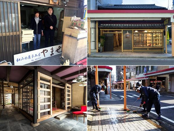 大津百町スタジオ。「商店街HOTEL 講 大津百町」と同じく、設計は無有建築工房、造園は荻野寿也景観設計/(左上)改修前、建物を引き継ぎ。左はもとの和菓子店主、右は谷口さん/(右上)改修後の道路側外観/(左下)内観。「貫」と呼ばれる伝統的な横材でつくった耐震壁を追加して、視覚的な広がりを確保しながら補強した/(右下)スタジオの改修工事に合わせ、谷口工務店の大工が商店街の一斉清掃を行った(写真提供:木の家専門店 谷口工務店)