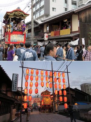2016年3月に国の重要無形民俗文化財に指定された大津祭。ハイライトは旧東海道を行く曳山巡行(上の写真)で、町家では2階の窓を外し、そこから毛氈を垂らして見物する習わしだ。本祭前日の宵宮(下の写真)には、通りいっぱいに大吊り提灯が飾られ、曳山を美しく照らし出す。(写真提供:柴山建築研究所)
