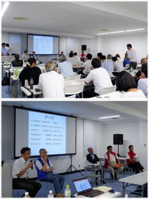 ★上)意見交換会では参加者からの本音の意見が飛び出し、盛り上がった</BR>★下)「雪国の未来を考える懇談会」委員の5名が登壇。写真左から中越防災安全推進機構・地域防災力センター長の諸橋和行氏、東北工業大学名誉教授の沼野夏生氏、北海道開発技術センター・理事の原文宏氏、鳥取大学地域学部教授の筒井一伸氏。そして、このフォーラムの基調講演講師をつとめた上村靖司氏