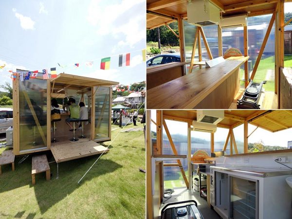 普通車で牽引可能でイートインも可能なMobile base。テラスを出すこともでき、イベントなどで出店すると人だかりができるほど人気とか