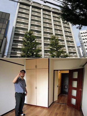 (上)「プラザ抱樸」が入居するマンション。耐震・耐火性能も万全だ(下)「プラザ抱樸」を案内する抱樸常務の山田耕司さん
